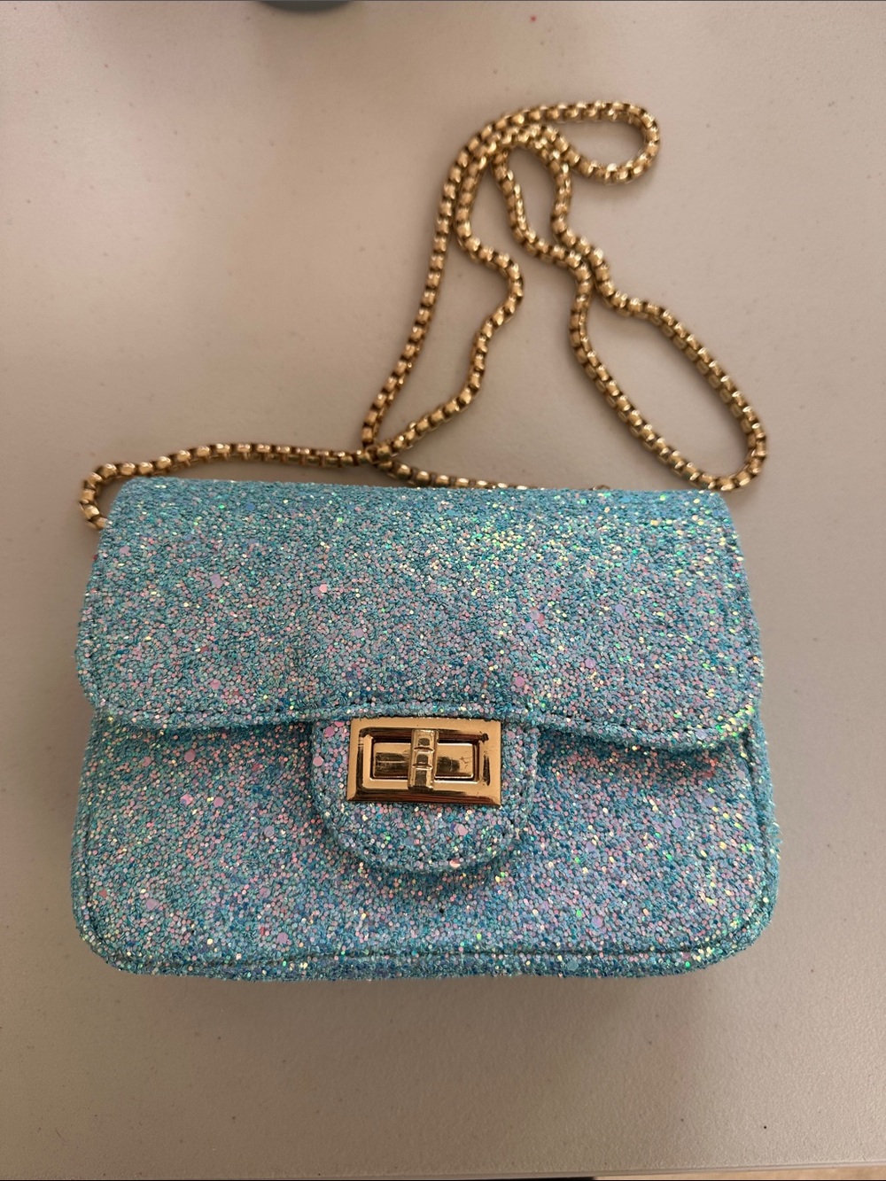 Sparkling Aqua Glitter Crossbody Bag with Gold Chain